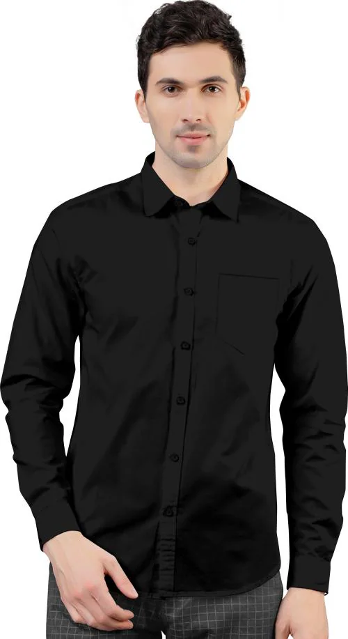 AJ Brothers Men Black Solid Poly Silk Curved Collar Casual Shirt - M