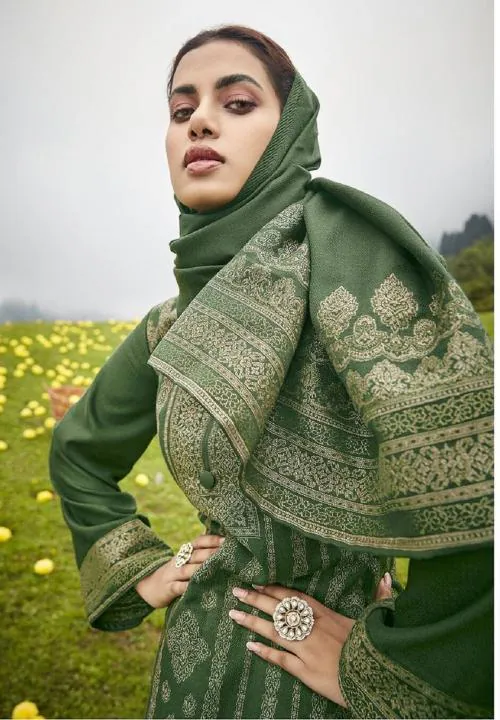 THE JAZZBAAT Women's Unstitched Kanni Weaving Woollen Pashmina Salwar Kameez Dress Material With Pure Wool Pashmina Kaani Weaving Shawl Dupatta | Unstitched Kurta Set | Salwar Suits For Women (Green)