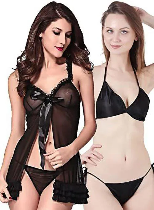 Iyaracollection Women Black Self Design Net, Pure Satin Bra And Panty Set