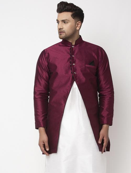 Benstoke Men's Burgundy Self Design Silk Blend Sherwani Jacket
