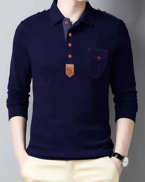 EYEBOGLER Men's Full Sleeves Polo Neck Regular Fit Solid Dark Blue T-Shirt