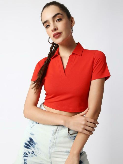 Disrupt Women Red Solid Pure Cotton Polo Neck T-Shirt