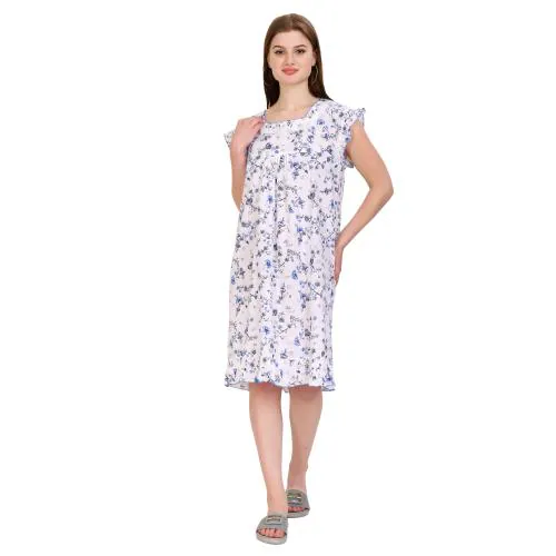 SDGP Cotton Printed Shorit Length Women's Nightwear & Night Gown/ Nighty /Maxi-Blue_Mashroom