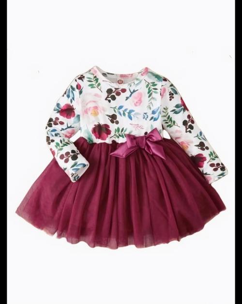 pamberston Baby Girl Floral Print Net Frock, with Full Sleeves and Ruffle Neck, Ocassion and Party Wear (Red, 3-4 Y)