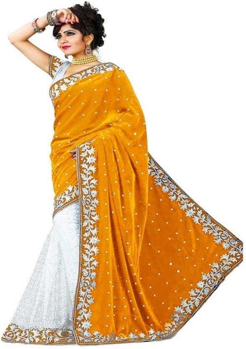 GEET Women's Velvet & Russel Net Half & Half Saree with heavy Weaving lace saree (Yellow)