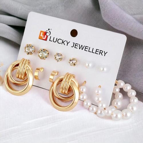 LUCKY JEWELLERY Fashion 6 Pairs Combo Set Of Latest Earrings Stone Pearl Stud Tops and Hoops Earing Gold Plated Chain Link C Shaped Dangle Earring for Women & Girls (175-CHEX-1159-6)