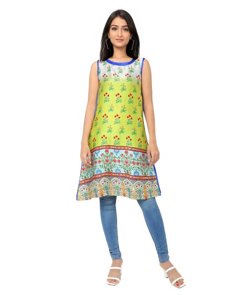 TWGE - Womens Sleeveless Kurti - Knee Length - Light Green Printed