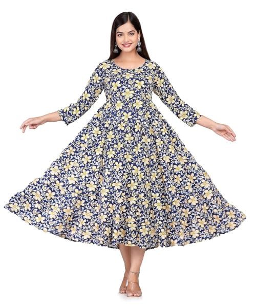 JAYRA TEXTILE Rayon Anarkali kurta Regular Fit Floral Printed Long Gown for Women and Girls (Blue _ Medium)