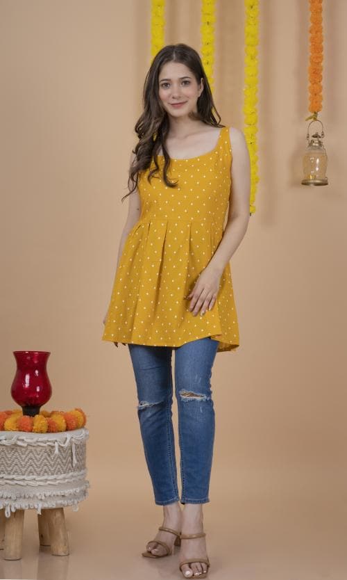 THE TINGE Women Casual Sleeveless Printed Yellow Top (Tops and Tunics-Yellow-XL)