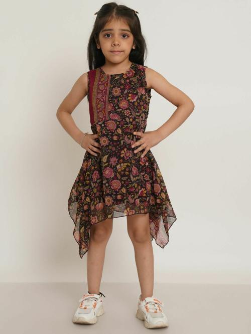 Creative Kids Girl Black & Maroon Floral Print High & Low Dress