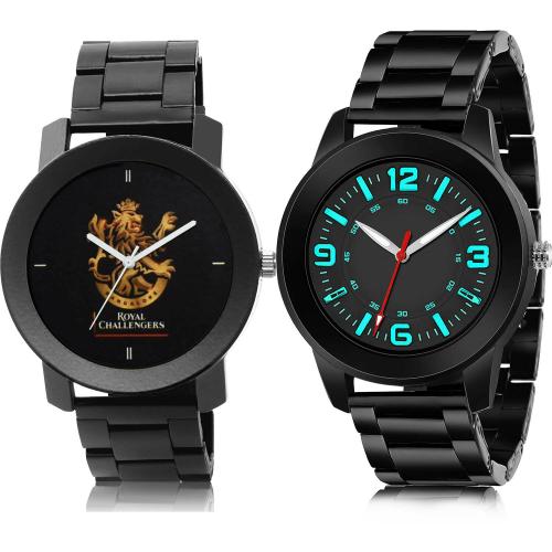 TIMENTER Brand New Technology Royal Challengers Bangalore Squad (Rcb) Ipl Chain And Black Chain Black Colour Analog Metal And Stainless Steel Belt 2 Watch Combo For Boys And Men - IPL16-(46-S-20)