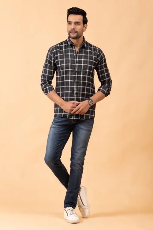 Sudan - AF Men's Regular Fit Black Cotton Linen Checks Shirt (XL-Size)