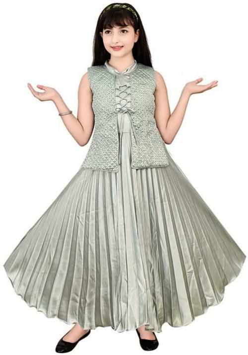 TASDIK GARMENTS Girls Light Green Self Design Satin Gown Dress (7-8Y)