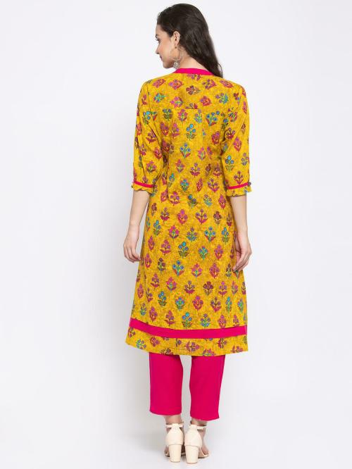 Indibelle Women Yellow Floral Pure Cotton Kurta and Trousers Set