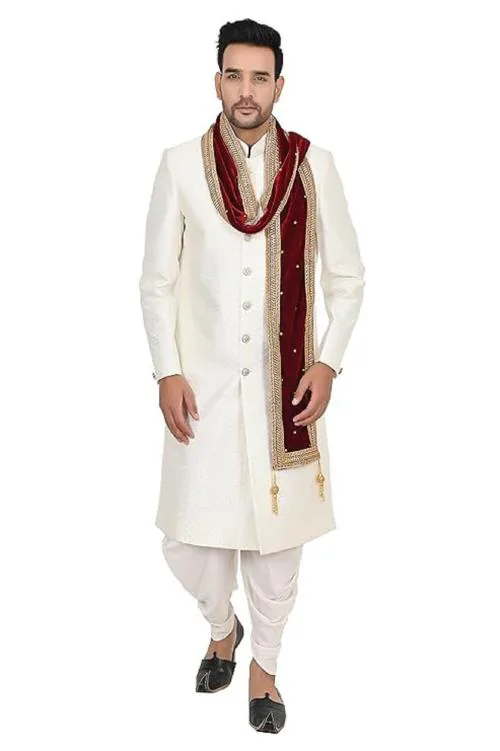 Sneh Men's Velvet Sherwani Shawl/Stole with Stone Work and Tassels (Maroon,Free Size)