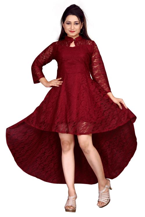 ZELZIS Women Net With Crepe Inner Maroon Up & Down Dress