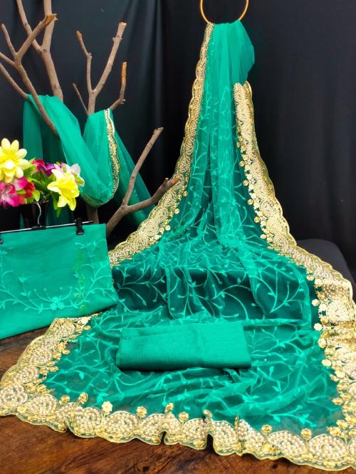 Ritaj Saree Rama Embroidery Work With Moti & Diamond Work Net Saree