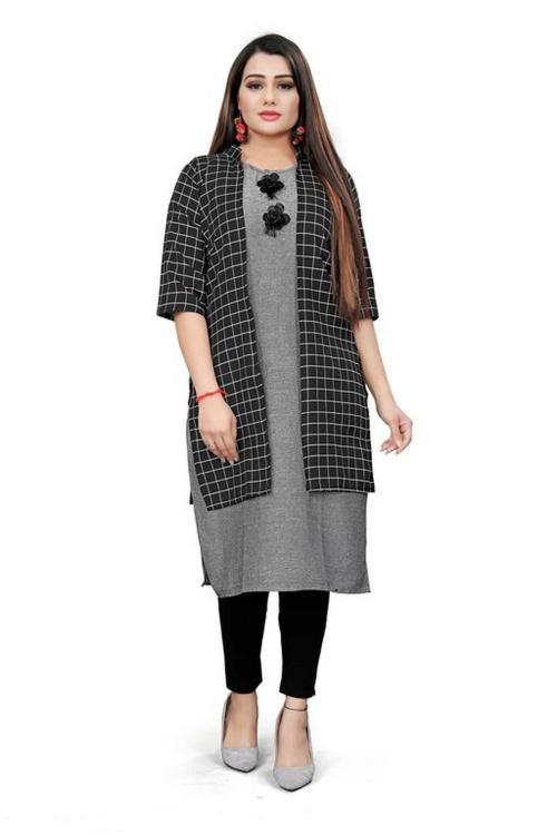 Aanshi FASHION Cotton Printed Kurti With Shrug/Jacket(Black)