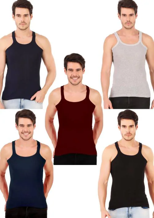 Inner Element Men's 100% Cotton Gym Vests - Rib Vest Combo Pack of 5