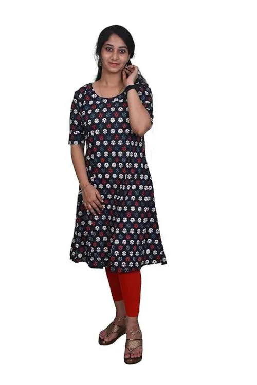 SHRUSTI Stunning Black Floral Cotton Semi-Umbrella Kurti: Elbow Sleeves, Round Neck Ethnic Wear Kurti/Kurta for Women & Girls (M)