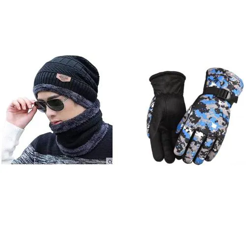 Eastern Club Winter Knit Beanie Cap Neck Warmer Scarf & Warm Gloves Set for Men & Women (3 Piece)