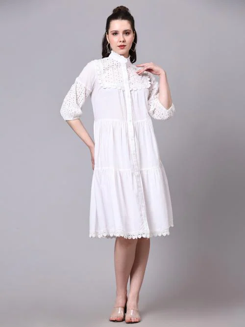 POMEGAL White Self Design Solid Casual Fit and Flare Dresses -3XL