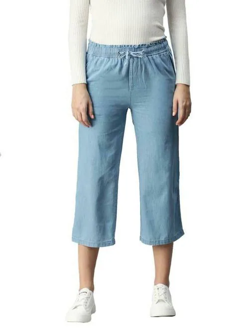 De Moza Women Blue Solid Cotton Culottes Trouser - M