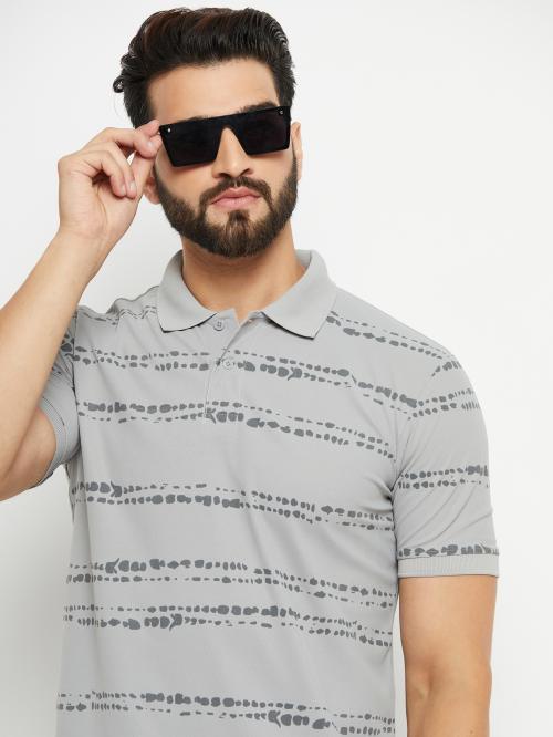 Renuovo Men Grey Striped Cotton Blend Polo Neck T-Shirt (L)