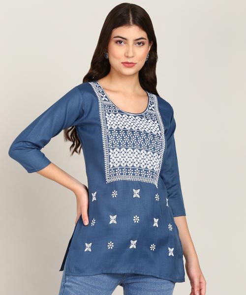 TOP N THREAD Women Chikan Embroidered Cotton Blend A-line Light Blue Kurta