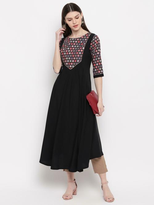 Janasya Women Black Digital Print Poly Crepe Kurta