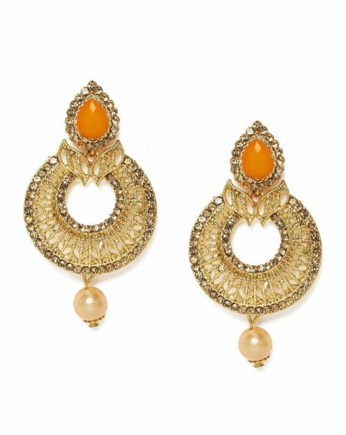 Kord Store Royal 5 String Chain Pearl Yellow Stone Gold Plated Dangle Earring For Women