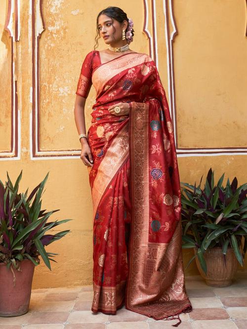Janasya Rashmika X Saji Saheli - Women's Red Banarasi Silk Floral Saree