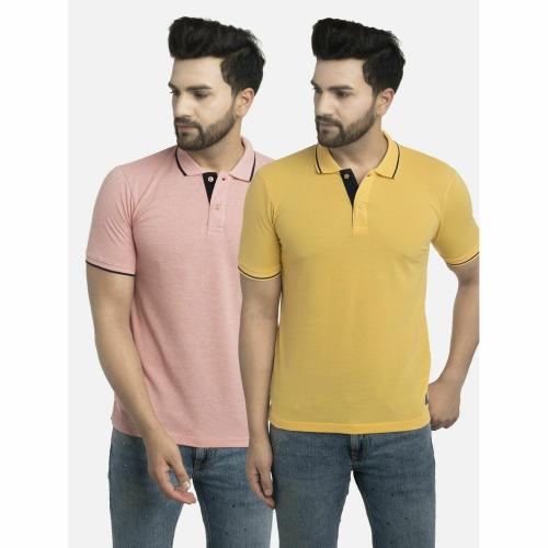 QUEMICTION Polo Half Sleeve Combo T-shirts For Men- PINK-MUSTARD (Size-M)