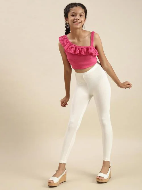 De Moza Girls White Solid Viscose Legging (15-16 Years)