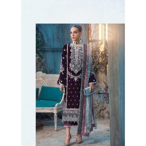 Jatriqq Women Purple Embroidered Velvet Semi Stitched Kurta With Churidar