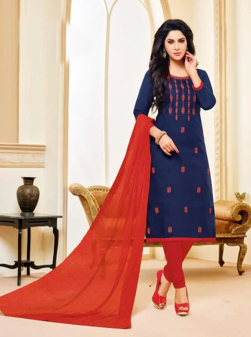 Navy Blue & Red Jacquard Cotton Printed & Embroidered Salwar Suit For Women