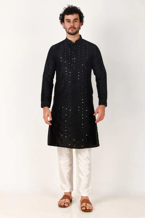 Koshin Men's Art Silk Mirror Work Embroidery Kurta & Pyjama in White & Black For Festive & Wedding
