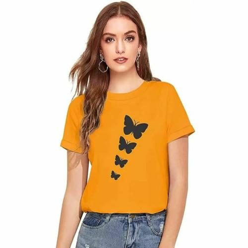 BerdNerd Butterfly Printed T-Shirt Cotton T-Shirt for Girls and Womens, Cotton Blend Fabric-Mustard-S