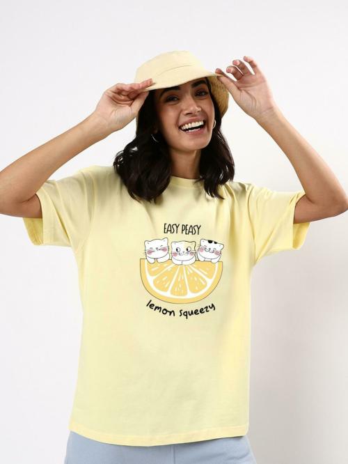 Bewakoof Women's Yellow Easy Peasy Lemon Squeezy Graphic Printed Round Neck Short Sleeve Oversized T-shirt