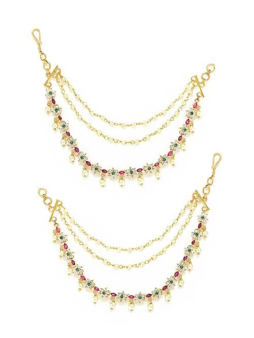 Kairangi by Yellow Chimes Gold Plated Copper Ear Hair Chain Diamond Studded Bridal Champasaralu for Women and Girls - 6.69 Inches