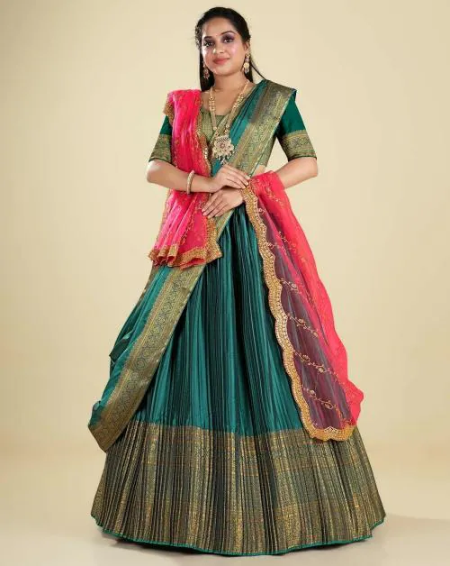 HALFSAREE STUDIO Teal Banarasi Silk Latest Double Dupatta Lehenga