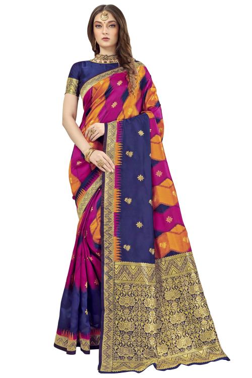 Glory Sarees Woven Leheria Silk Blend Jacquard Saree (Dark Blue)