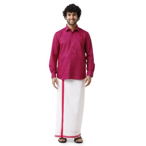 UATHAYAM Varna Dark Pink Cotton Full Sleeve Solid Slim Fit Shirt and Fixit Welcro Pocket Dhoti For Men