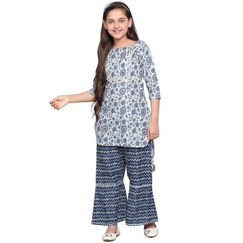 Curly Tales Girls Blue Printed Cambric Cotton Kurta With Sharara (8 Years-9 Years)
