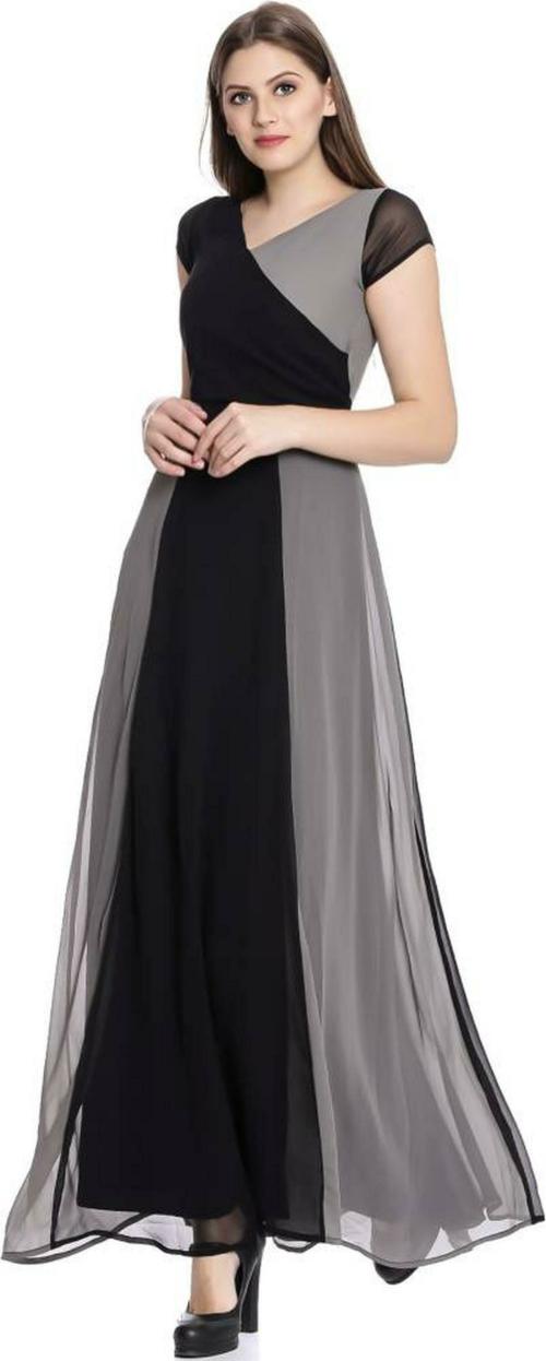 scenestealer Women Black and Grey Color Block Poly Maxi Dress XS JioMart