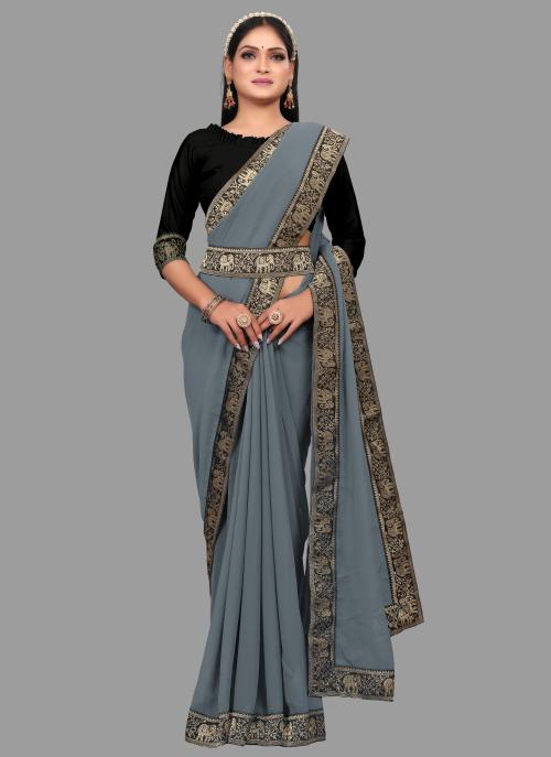 sadika women's solid plain daily wear grey georgette saree