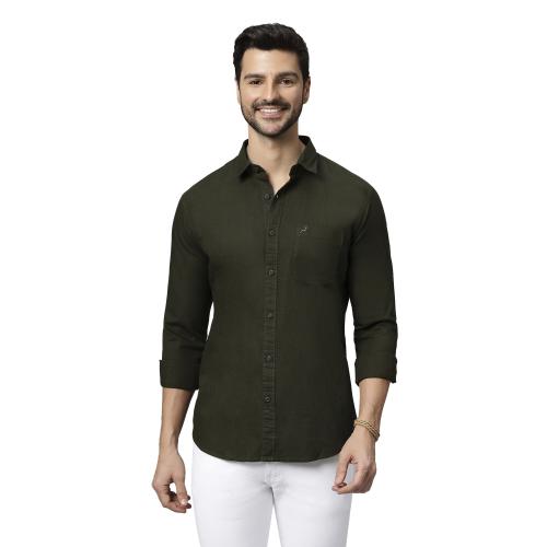 GBS Linen Plain Full Sleeves Slim Fit Olive Green Shirt for Men's - Classic and Comfortable Casual Wear