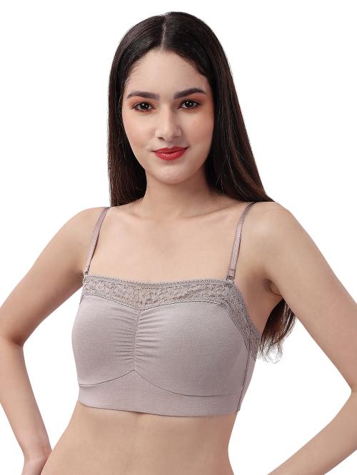 SOIE Micro Modal Spandex Lacy Bandeau Bra with Removable Cups-Beige-M