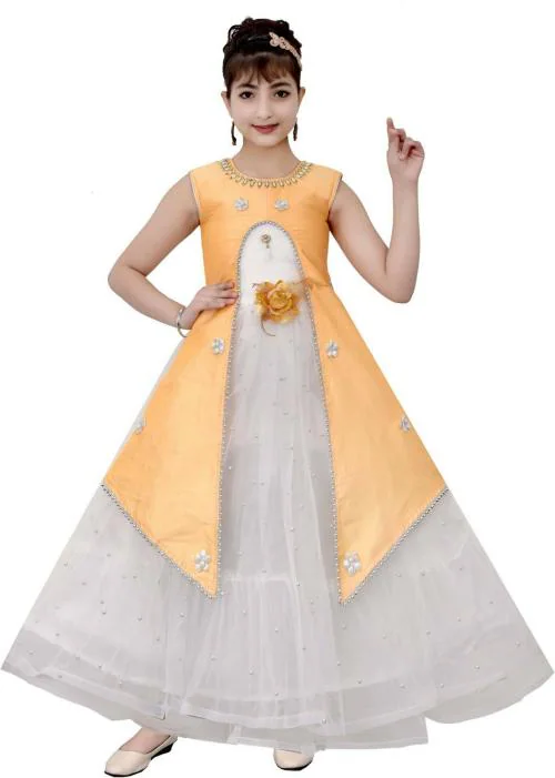 Naarz Fashion Girls Yellow Silk Blend Party Gown Dress (14 to 15 Years)
