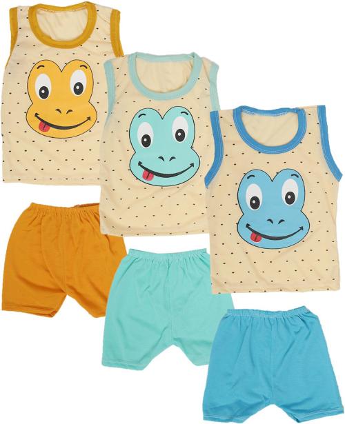 Shishu Baby Boys And Girls Multicolor Graphic Print Hosiery Set Of 3 Vest And Shorts